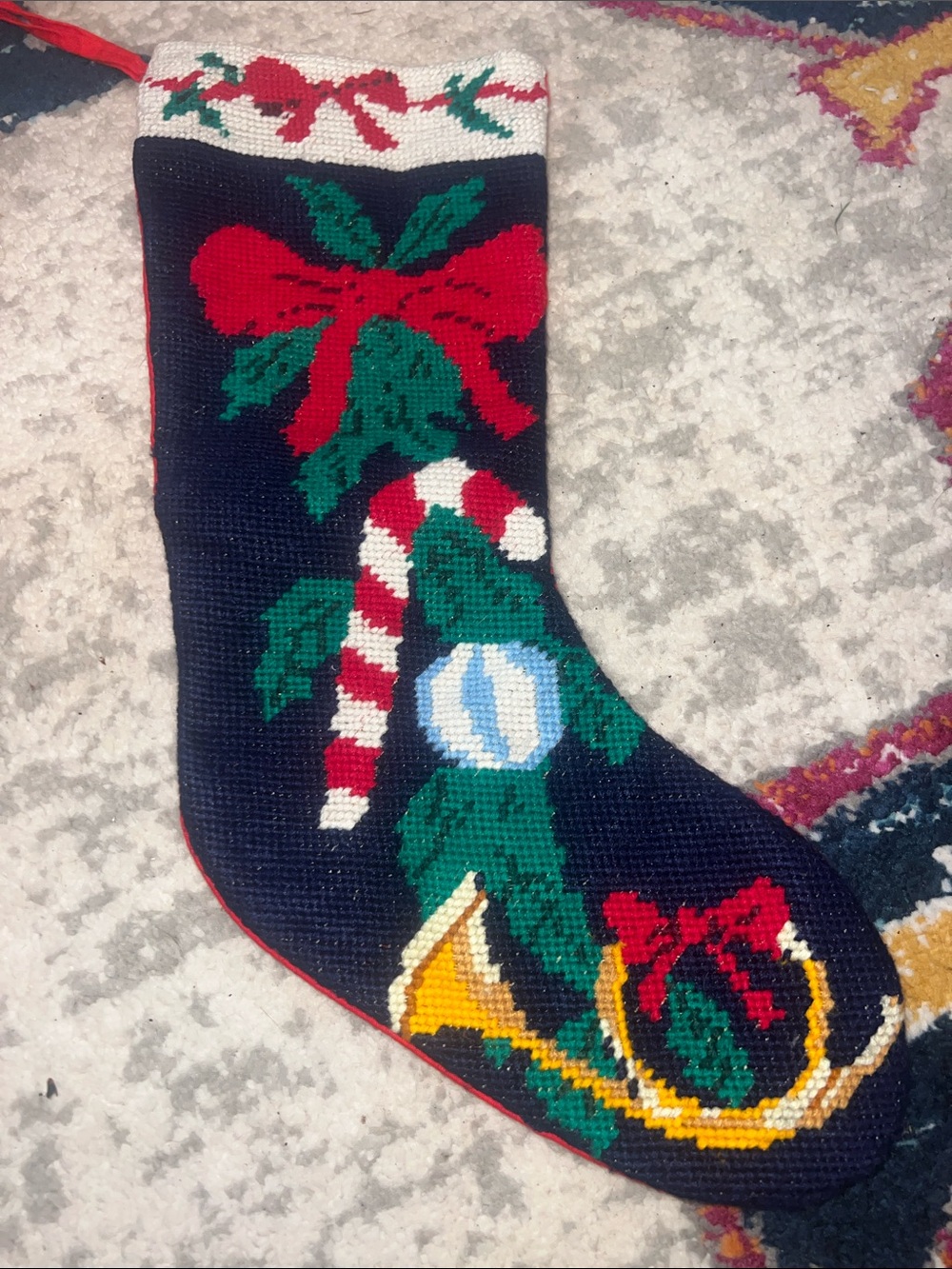 Classic Navy Holiday Needlepoint Christmas Stocking with Red Bow